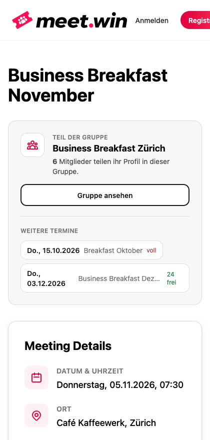 Anmeldeseite eines Termins auf dem Smartphone